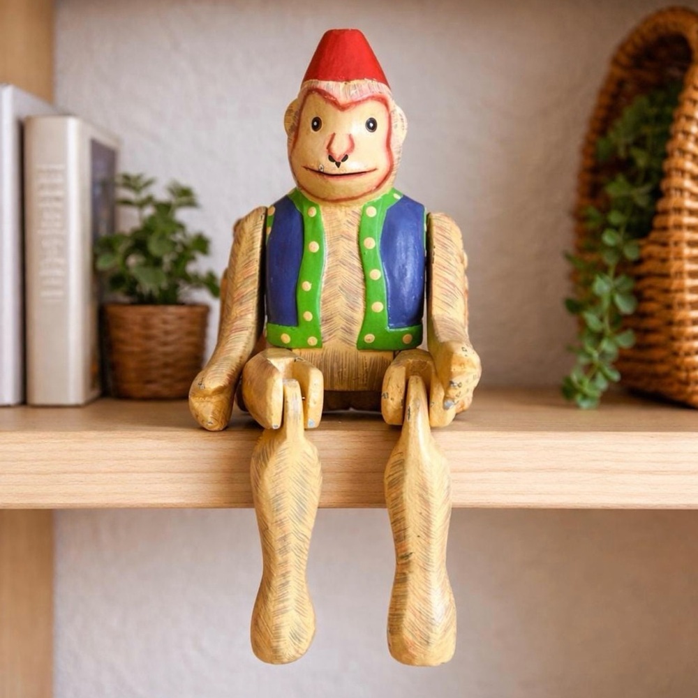 Vintage Fez Shelf Sitting Hand Carved Hand Painted Wooden Monkey